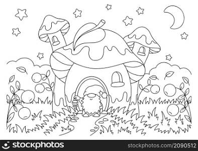 A cute gnome stands in a clearing near the mushroom house. Coloring book page for kids. Cartoon style character. Vector illustration isolated on white background.