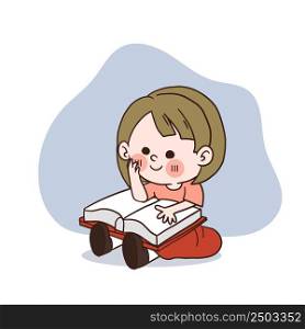A cute happy little girl is reading a book. vector cartoon character.