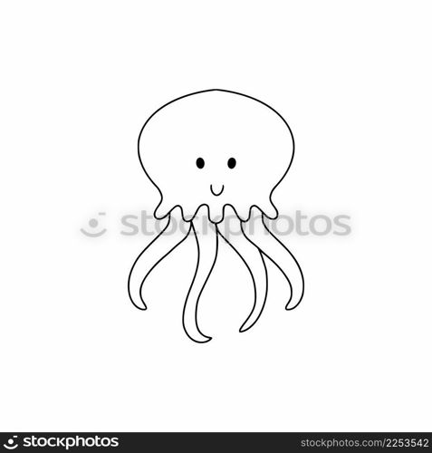 A cute jellyfish with tentacles in the style of Doodle. Octopus drawing for kids. Vector illustration for cards with animals.