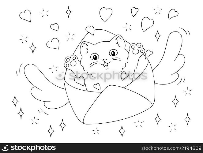 A cute kitten flies in an envelope with hearts. Coloring book page for kids. Valentine&rsquo;s Day. Cartoon style character. Vector illustration isolated on white background.