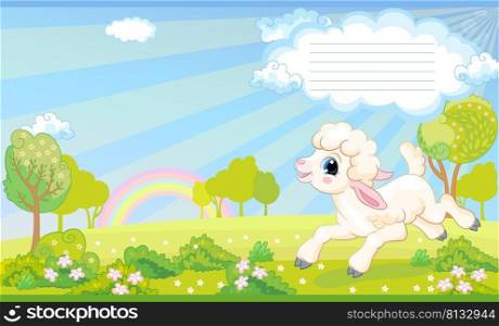 A cute lamb runs through a blooming meadow. Children cartoon background. Vector illustration. Cover page template layout. Applicable for notebooks, planners, brochures, books, catalogs.Two-page cover. Cover for notebook with cute lamb vector