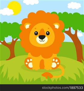 A cute lion is standing on the grass. Beautiful landscape. Colored background for your design. For wallpapers, covers, postcards, banners. Vector illustration.