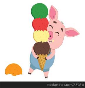 A cute little cartoon pig in blue costume enjoys a multi-layered colorful cone ice cream while his orange cap lies on the ground vector color drawing or illustration