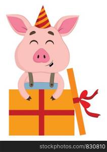 A cute little cartoon pig with a party hat smiles as it holds gifts wrapped with golden-colored decorative papers and tied with a bow like a red ribbon vector color drawing or illustration