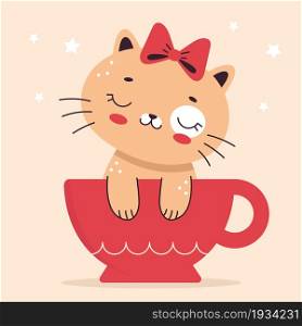 A cute little cat with a bow sits in a cup. Illustration in cartoon flat style. Home pet, kitten. Vector illustration for nursery, print on textiles, cards, clothes.