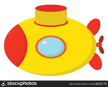 A cute little orange and yellow colored cartoon submarine is ready to attack other submarines and watercraft vector color drawing or illustration