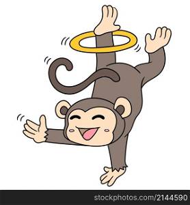 a cute monkey boy performing a standing circus with one hand