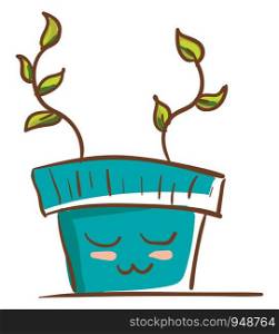 A cute Pennington pot in blue color with a small plant in it, vector, color drawing or illustration.