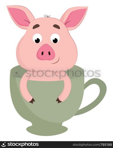 A cute pink baby pig in a tea cup vector color drawing or illustration