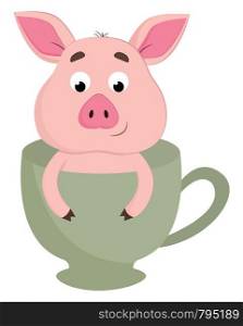 A cute pink baby pig in a tea cup vector color drawing or illustration