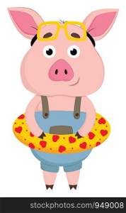 A cute pink pig which is all set to go for swimming, vector, color drawing or illustration.