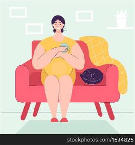 A cute pregnant woman is sitting on the sofa, resting, relaxing and holding a mug of tea. Cat is sleeping next to her.Concept of happy pregnancy, self-care, expecting baby.Flat vector illustration