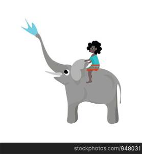 A cute small girl sitting on an elephant, which is playing with water , vector, color drawing or illustration.