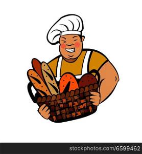 A cute smiling Baker holds a large basket of freshly baked bread. Vector illustration of emblem of a bakery.