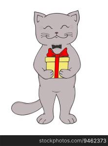 A cute smiling cat with a gift box. Isolated. Hand drawn cat art. Grey cat. Childish cartoon design. Vector art
