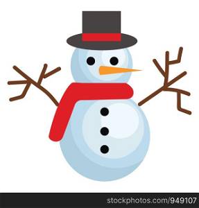 A cute snowman with red scarf and a hat, vector, color drawing or illustration.