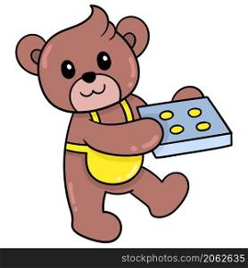 a cute teddy bear is carrying a baking sheet filed with cooked cakes