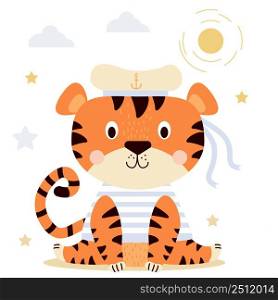 A cute tiger is sitting under the sun. A funny character in sea clothes - a striped vest and a hat with an anchor with ribbons. 2022 year of the tiger. Vector For design, print, postcards, decor