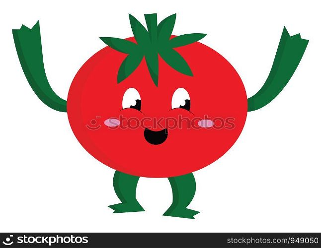 A cute tomato with legs and hands, vector, color drawing or illustration.