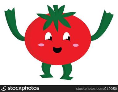 A cute tomato with legs and hands, vector, color drawing or illustration.