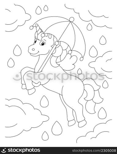 A cute unicorn flies through the rainy sky with an umbrella. Coloring book page for kids. Cartoon style character. Vector illustration isolated on white background.