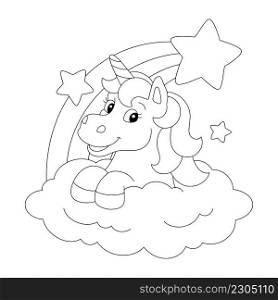 A cute unicorn jumps out of a cloud with a rainbow. Coloring book page for kids. Cartoon style character. Vector illustration isolated on white background.