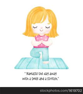  A cute young girl practices yoga in this vibrant pastel watercolor illustration. Embrace balance, harmony, and wellness with this artistic depiction of relaxation, meditation, and positive energy.