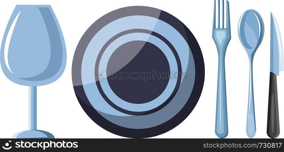A Cutlery set includes spoons fork and knife a glass and plate on table vector color drawing or illustration.
