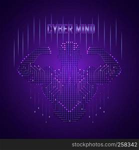 A cyber brain in the form of a strong person consists of a stream of data. Powerful artificial intelligence in the form of an athlete on a purple background.. Man Ciber Mind