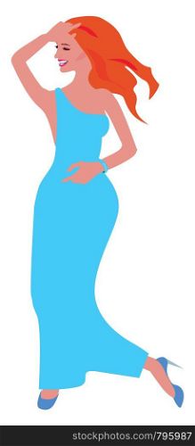A dancing woman who looks like she is having so much fun wearing blue dress and blue shoes., vector, color drawing or illustration.