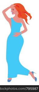 A dancing woman who looks like she is having so much fun wearing blue dress and blue shoes., vector, color drawing or illustration.