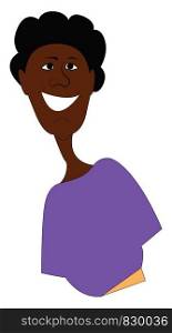 A dark brown guy with a long neck in a lavender colored shirt possibly a yellow pant is smiling and has black curly hair vector color drawing or illustration