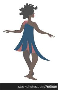 A dark ethnic girl dancing and bending her legs wearing blue dress., vector, color drawing or illustration.