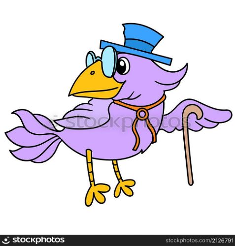 a dark purple bird wearing a hat carrying a stick