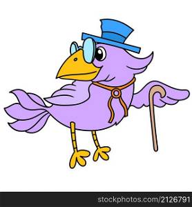 a dark purple bird wearing a hat carrying a stick