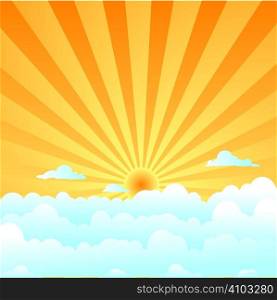 A day time illustration of the sky with sun and clouds