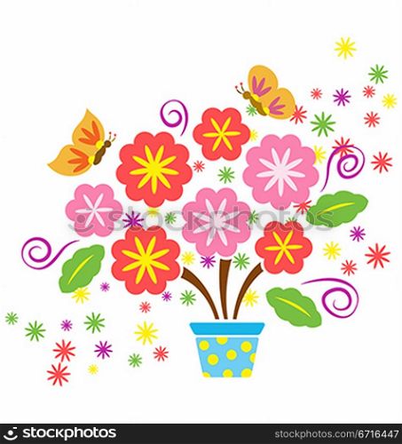 A decorative flower pot with lots of flowers and butterfly flying around.
