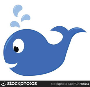 A deep blue whale swimming in the ocean has big black eyes and squirting water from the snout vector color drawing or illustration