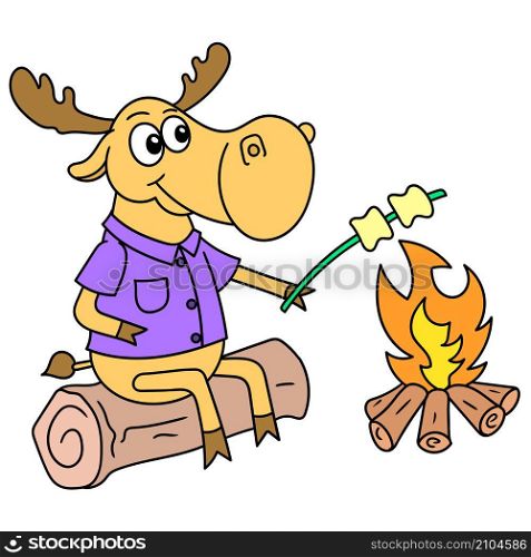 a deer was roasting marshmallows on a warm campfire