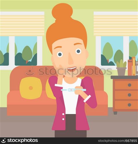 A delighted woman looking at positive pregnancy test on the background of living room vector flat design illustration. Square layout.. Woman with pregnancy test.
