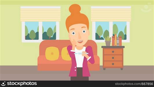 A delighted woman looking at positive pregnancy test on the background of living room vector flat design illustration. Horizontal layout.. Woman with pregnancy test.