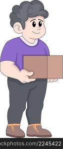 a delivery courier wearing a purple shirt carrying a package box with a friendly face, creative illustration design