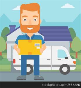 A delivery man carrying box on the background of delivery truck and a house vector flat design illustration. Square layout.. Man delivering box.