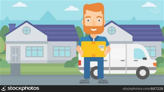 A delivery man carrying box on the background of delivery truck and a house vector flat design illustration. Horizontal layout.. Man delivering box.