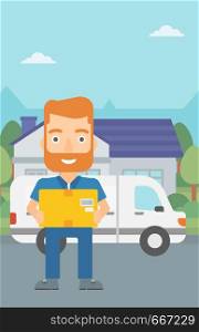 A delivery man carrying box on the background of delivery truck and a house vector flat design illustration. Vertical layout.. Man delivering box.