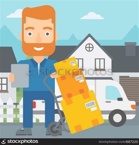 A delivery man standing near cart with boxes and holding a file in a hand on the background of delivery truck and a house vector flat design illustration. Square layout.. Man delivering boxes.