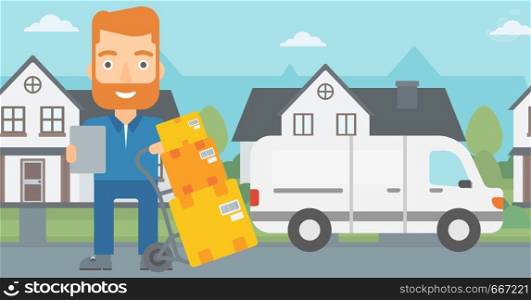 A delivery man standing near cart with boxes and holding a file in a hand on the background of delivery truck and a house vector flat design illustration. Horizontal layout.. Man delivering boxes.
