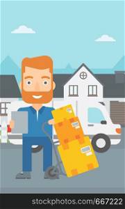A delivery man standing near cart with boxes and holding a file in a hand on the background of delivery truck and a house vector flat design illustration. Vertical layout.. Man delivering boxes.
