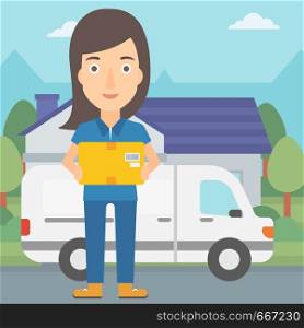 A delivery woman carrying box on the background of the city and delivery truck vector flat design illustration. Square layout.. Woman delivering box.
