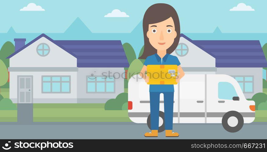 A delivery woman carrying box on the background of the city and delivery truck vector flat design illustration. Horizontal layout.. Woman delivering box.